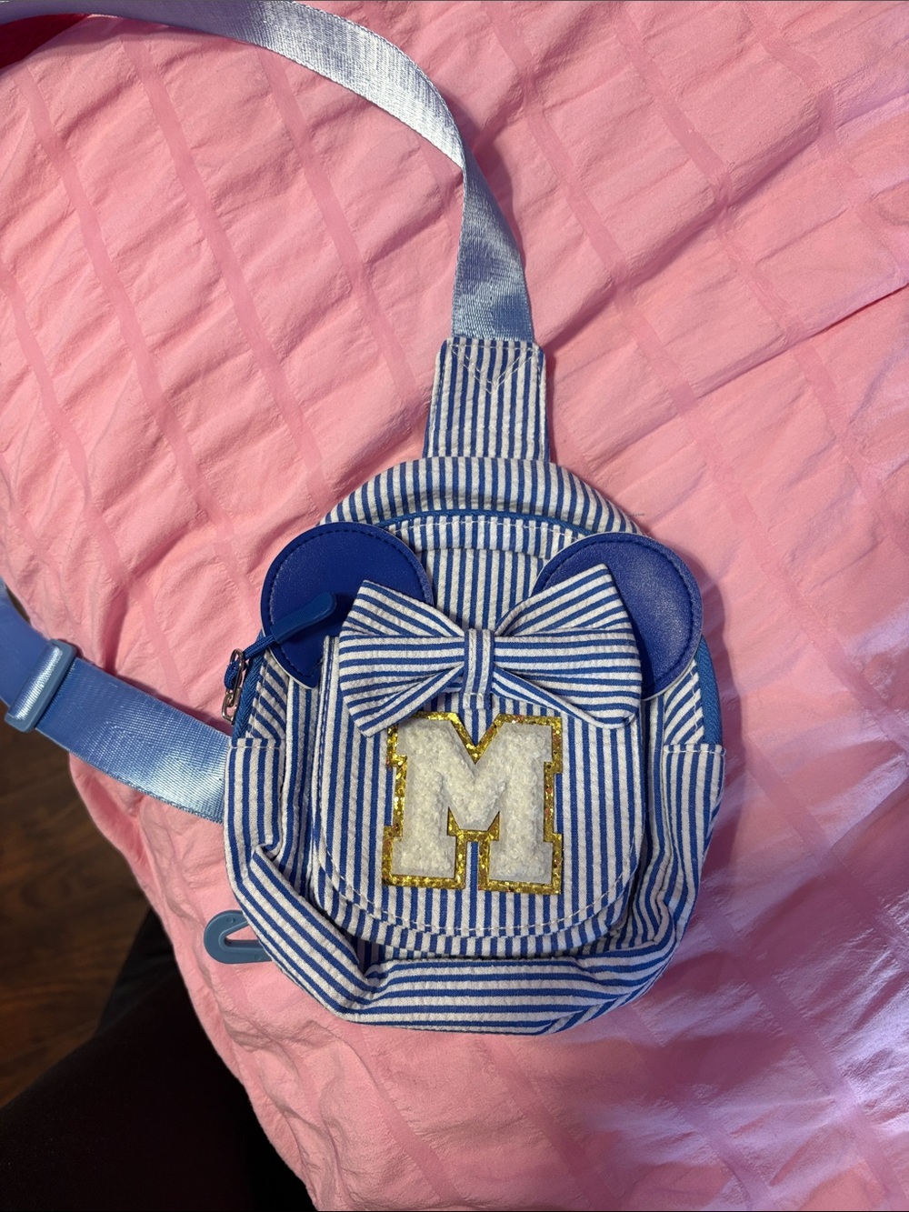 Striped Blue Mini Backpack Crossbody with Bow and 'M' Patch for Disney!